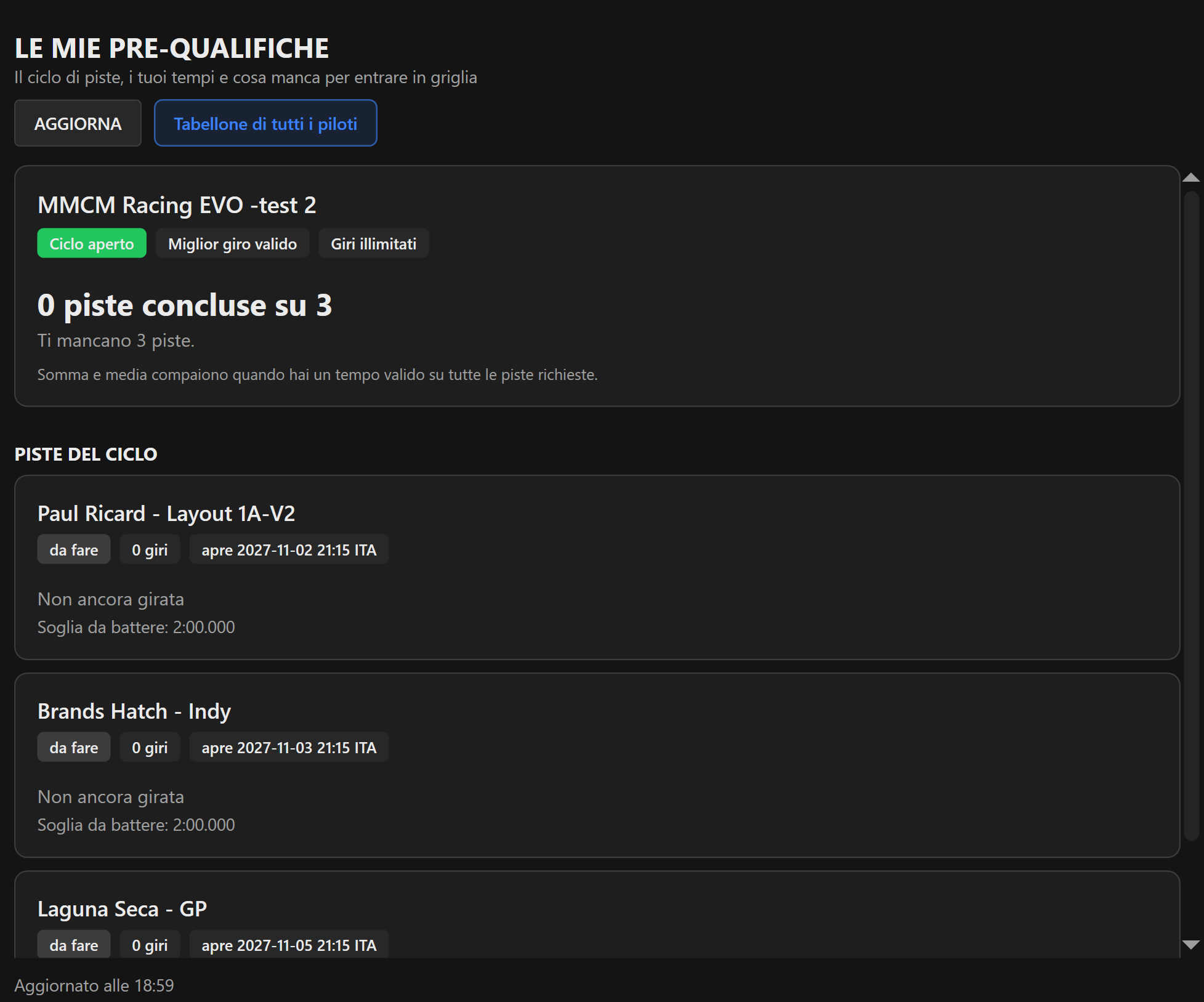 Pagina personale delle pre-qualifiche con piste da fare