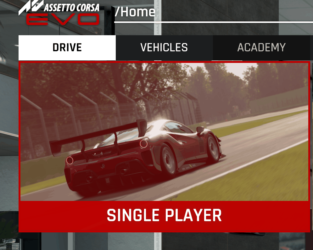 Home di AC EVO con il riquadro Single Player