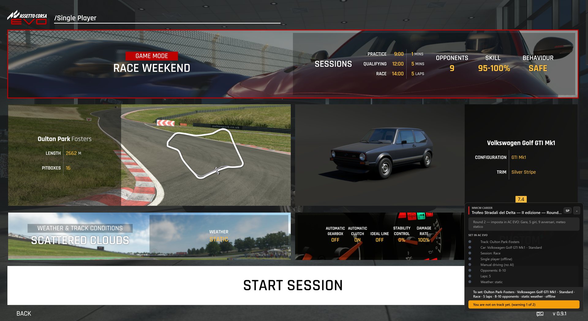 Riepilogo della sessione Single Player prima di avviare, con l'overlay a destra